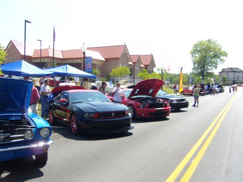 2007 Ford Mustang - A line of Ford Mustangs are displayed at an outdoor car show, with several hoods open for viewing.