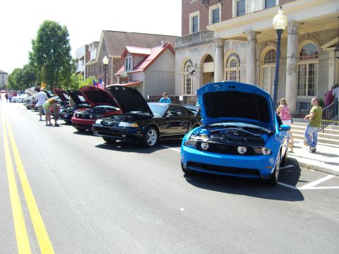 2007 Ford Mustang - Several Ford Mustangs are lined up on a street with their hoods open for display.