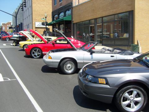 2007 Ford Mustang - A line of Ford Mustangs are parked along a street, with their hoods open, suggesting a car show or gathering.