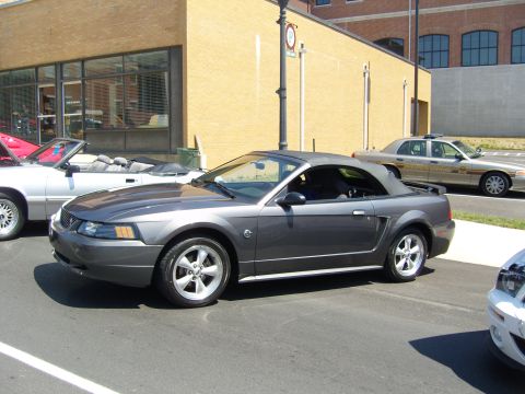 2007 Ford Mustang - A dark gray convertible is parked on a street next to other vehicles, including a police car.