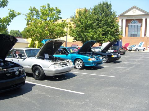 2007 Ford Mustang - Several Ford Mustangs are displayed with their hoods open at an outdoor car show.