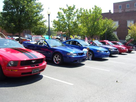 2007 Ford Mustang - A red 2005 Ford Mustang with black racing stripes is parked in a lot with other Mustangs.