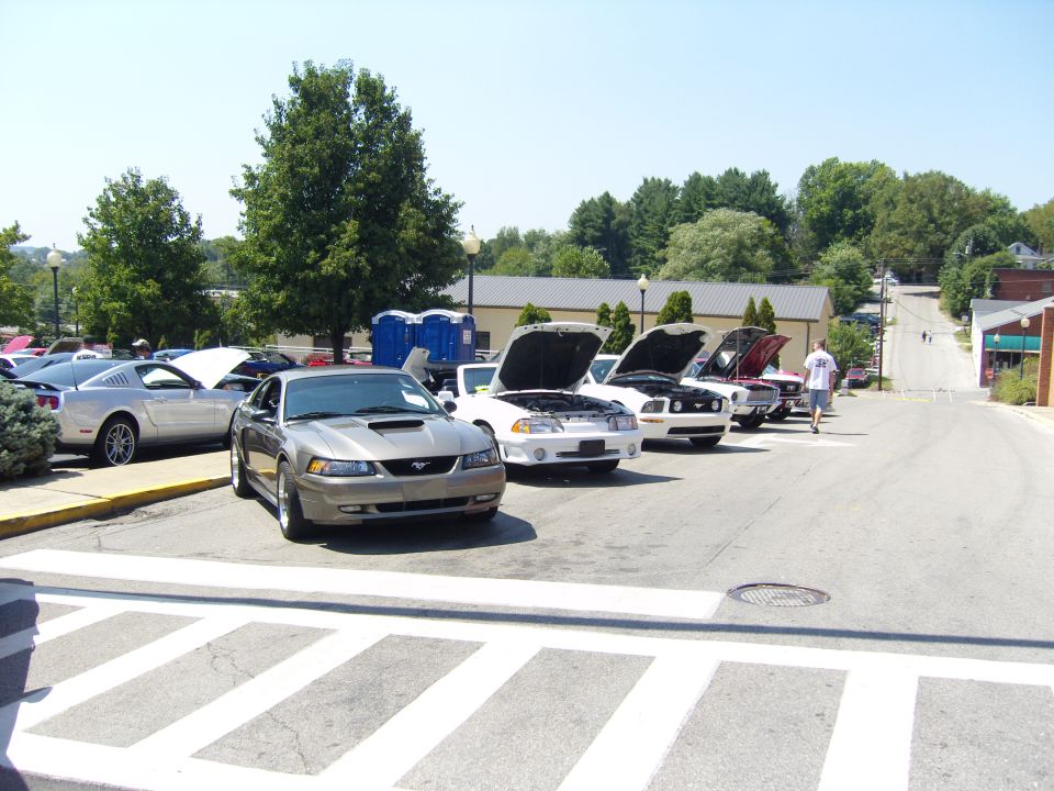 Silver Mustang parked in front of other Mustangs with hoods up