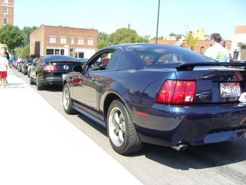 2007 Ford Mustang - A line of Ford Mustangs, including a dark blue GT, parked on a street.
