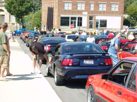 2007 Ford Mustang - A line of Ford Mustangs are parked on a street, with people milling around them.