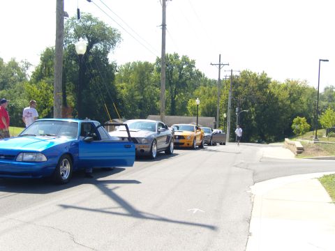 2007 Ford Mustang - A line of Mustangs, including a blue coupe with its door ajar, are parked on a street.