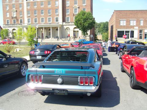 2007 Ford Mustang - A line of Ford Mustangs are parked on a street in front of brick buildings.