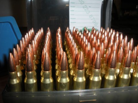 1996 Ford Bronco - A close-up view of many ammunition cartridges organized in a tray, with a label visible in the background.