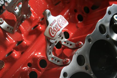 1973 Ford Ranchero - Custom engine block features a Coca-Cola branded bottle opener, likely a unique modification.