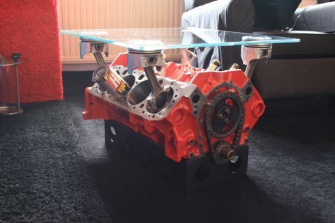 1973 Ford Ranchero - Glass top coffee table made from a V8 engine block with pistons and connecting rods.