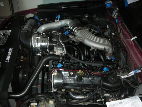 1992 Ford Crown Victoria - Close-up of a modified V8 engine, a prominent supercharger and custom intake components.