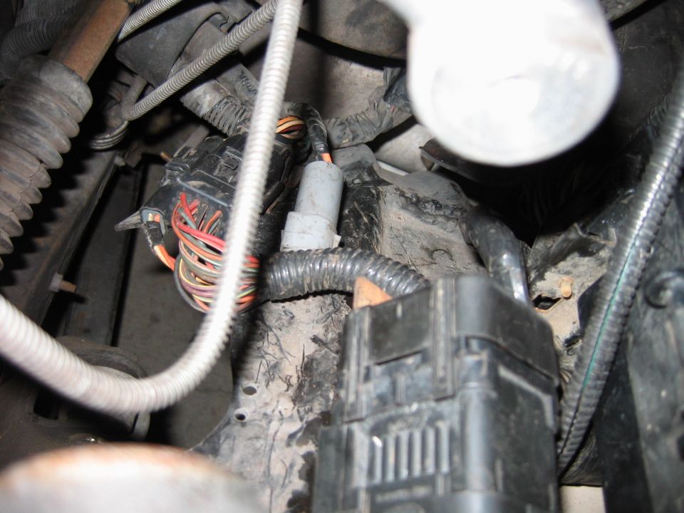 Close-up of a vehicle's wiring harness with multiple connectors and wires