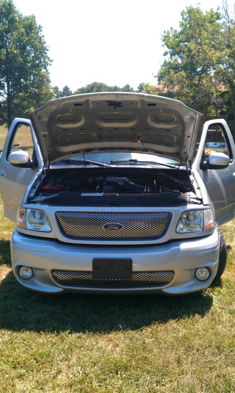 2002 Ford F-150 - Front view of a silver 2002 Ford F-150 with its hood and doors open, parked on grass.