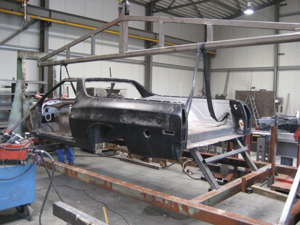 1973 Ford Ranchero body undergoing restoration, side view