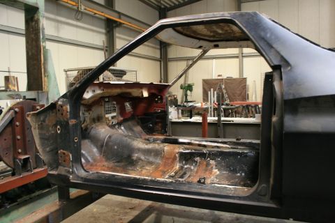 1973 Ford Ranchero - Stripped interior of a 1973 Ford Ranchero undergoing restoration work.