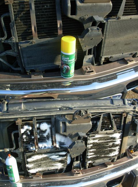 1997 Chevrolet Silverado 3500 - As a final touch, I used this foaming A/C coil spray to try to push everything out of the condenser, ATF cooler, & oil cooler fins. The rin…