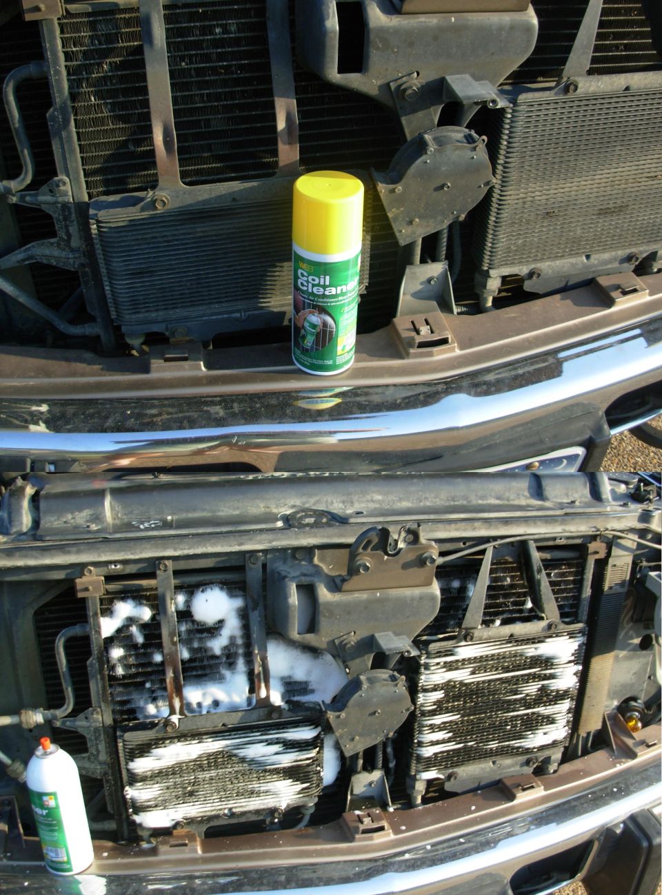As a final touch, I used this foaming A/C coil spray to try to push everything out of the condenser, ATF cooler, & oil cooler fins.  The rinse water didn't come out brown like I hoped, but it did shoot through to the radiator better than I expected, so I guess there's nothing in there to block the air.

I can't say that this stuff worked any better than Gunk Foamy Engine Brite would have, so that's probably what I'll use if I ever have to do this again.

At some later point, I realized the fan clutch had stopped locking, so I replaced it with an [url=http://www.amazon.com/dp/B000C9FCZ2/]ACDelco 15-4674 Fan Clutch[/url] from Amazon.