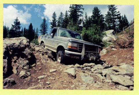 1995 Ford Bronco - This 1995 Ford Bronco is shown tackling a challenging off-road course.