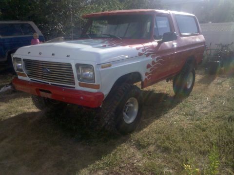 1979 Ford Bronco - A lifted 1978 Ford Bronco with custom flame paint sits in a grassy yard next to another vehicle.