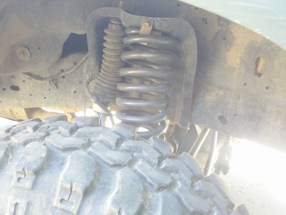 close-up of a vehicle's front suspension coil and tire tread