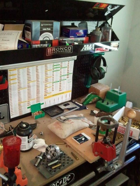 1985 Ford F-150 - A workbench is set up for reloading ammunition, with various components and tools visible.