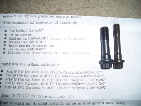 1995 Ford Probe - Engine-builder spec page listing rod-bolt torque-by-elongation for 8740 cap screws (8mm 30-35, 9mm/5-16 40-45, 7-16 65-70 ft-lb) plus rod,…