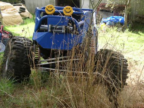 1979 Ford Bronco - Custom buggy with large tires and winch sits in tall grass near a building.