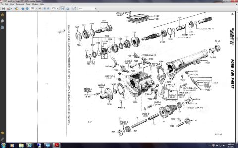 1973 Ford Ranchero - Exploded parts breakdown of a Ford manual transmission showing gears, shafts and case with catalog part numbers.