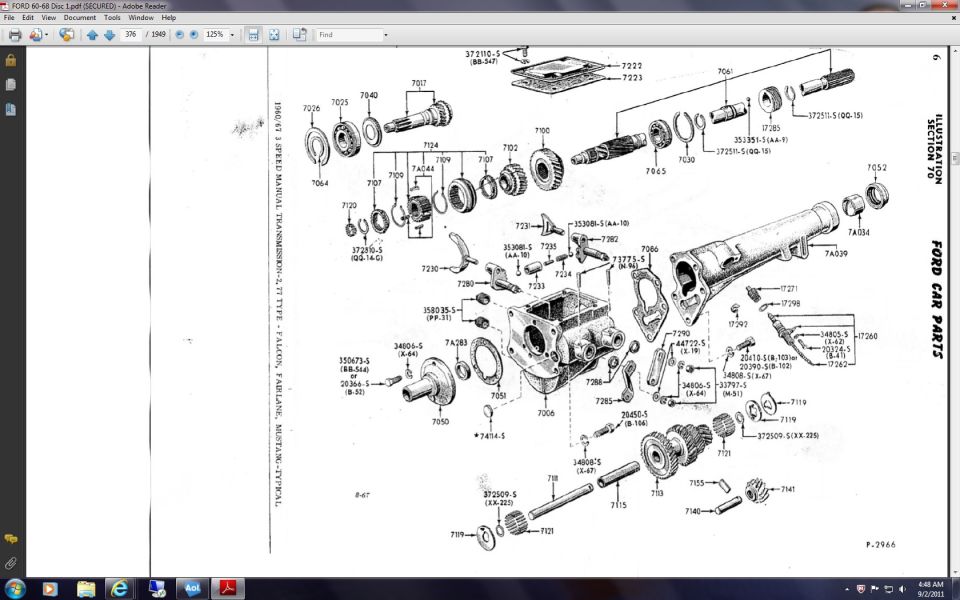 Ford three-speed transmission exploded parts illustration with part numbers