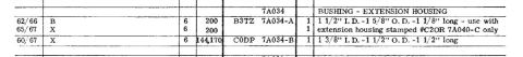 1973 Ford Ranchero - A document page lists part numbers and specifications, including extension housing bushings for various vehicle years.