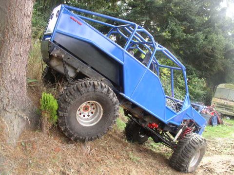 1979 Ford Bronco - Custom blue buggy with a prominent roll cage is seen off-road, tilted on a grassy incline.