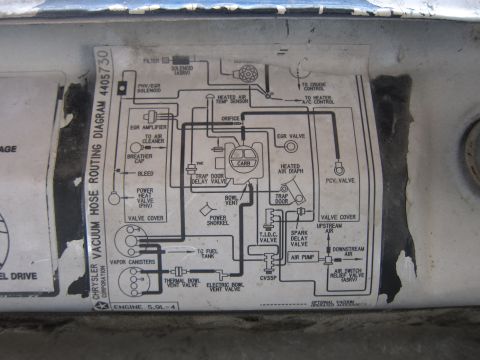 1987 Dodge 1500 - Vacuum hose routing diagram sticker on a vehicle part.