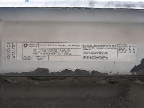 1987 Dodge 1500 - This vehicle emission control information sticker indicates the model year is 1987 and applies to new light-duty trucks.