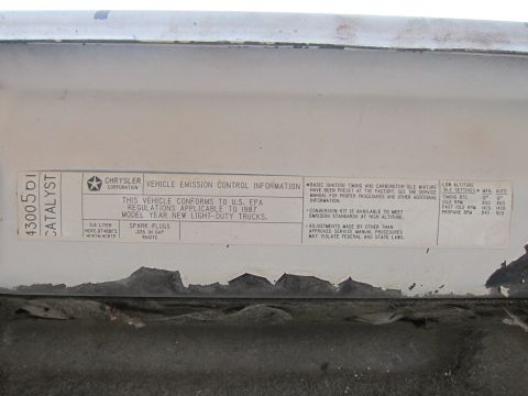 1987 Dodge 1500 - Emission control sticker details for a 1987 model year vehicle.