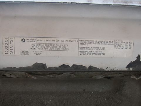 1987 Dodge 1500 - This vehicle emission control information sticker confirms it conforms to 1987 model year regulations for light-duty trucks.