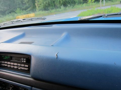 2001 Ford Crown Victoria - Interior view of a blue dashboard with a cracked surface and a radio.