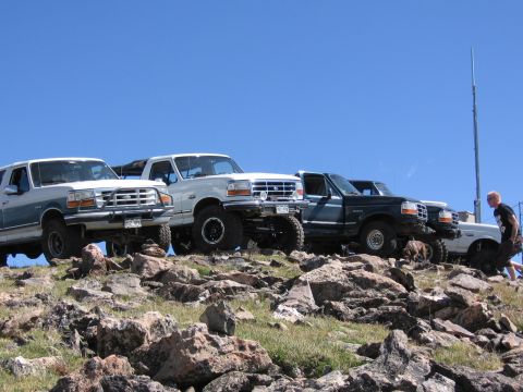 1995 Ford Bronco - Multiple Ford trucks and SUVs parked on a rocky mountain slope.