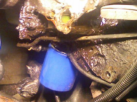 1987 Mercury Grand Marquis - Close-up of a blue oil filter attached to a heavily soiled engine component, with visible rust and grime.