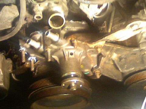 1987 Mercury Grand Marquis - Close-up view of an engine water pump and associated plumbing.