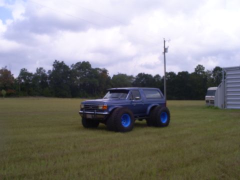 1992 Ford Bronco - A lifted Ford Bronco with oversized tires sits in a field under a cloudy sky.