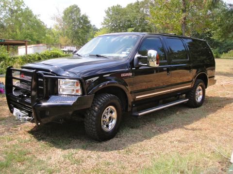 2005 Ford Excursion - This 2005 Ford Excursion SUV features a prominent brush guard and side steps, parked on a grassy area.