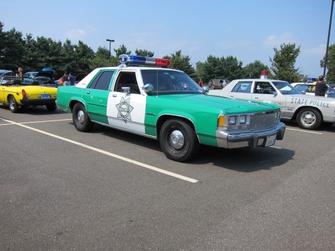 1991 Ford LTD Crown Victoria - green-and-white police sedan with a star door shield and roof light bar parked among classic cars at a show.