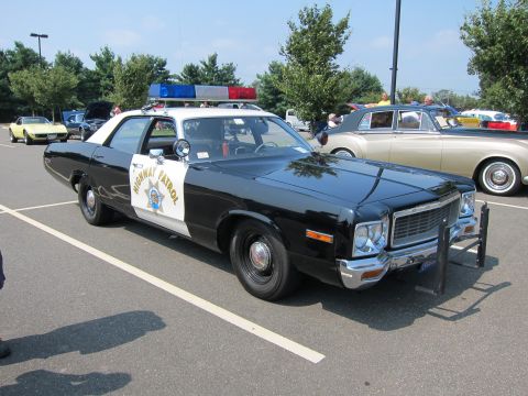 1991 Ford LTD Crown Victoria - black-and-white Highway Patrol cruiser with star door shield and push bar parked among classic cars in a sunny lot.