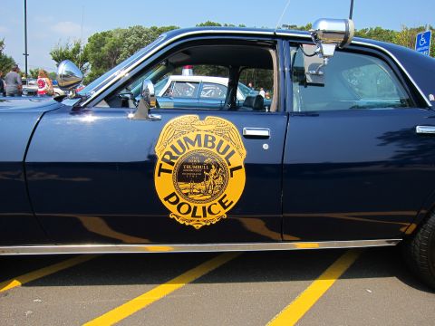 1991 Ford LTD Crown Victoria - Close-up of a dark blue police car door bearing a gold Trumbull Police shield decal, with chrome spotlight above.
