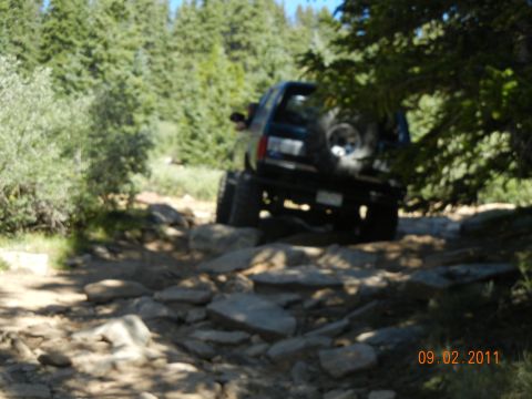1996 Ford Bronco - An SUV navigates a challenging, rocky off-road path surrounded by trees.