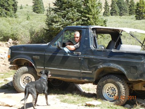 1996 Ford Bronco - A man drives a black Ford Bronco off-road, accompanied by his dog on a sunny day.