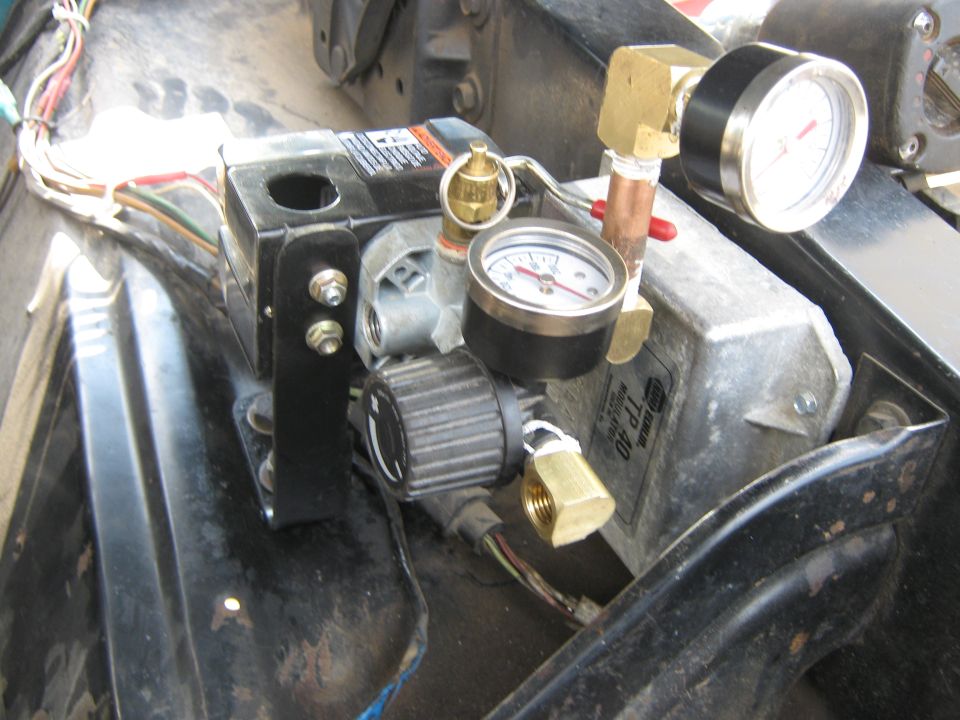 Air compressor control unit with two pressure gauges and a black adjustment knob