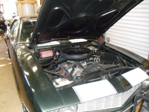 1969 Chevrolet Camaro - The engine bay of a 1969 Chevrolet Camaro is visible with the hood raised, revealing the engine and front end details.
