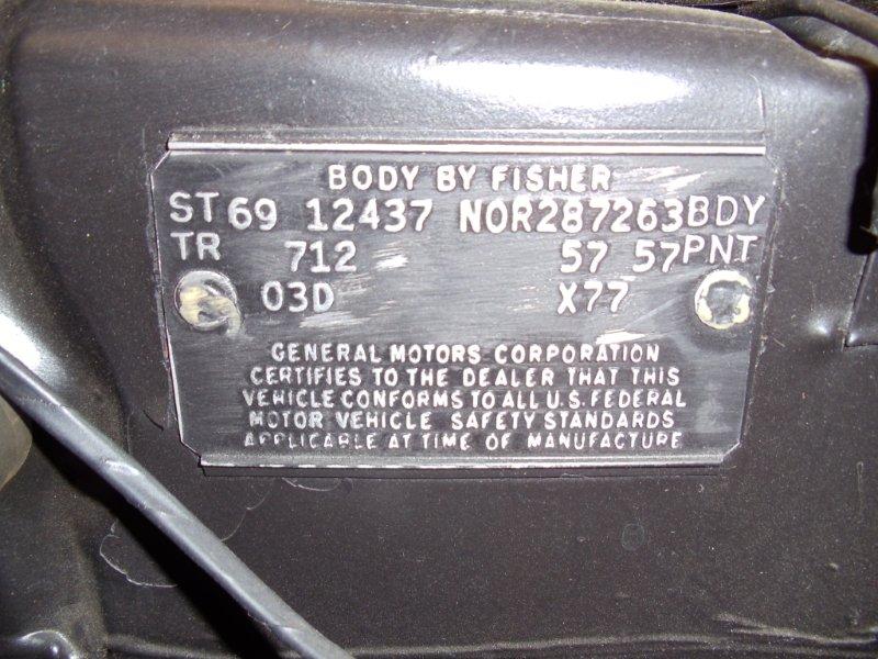 '69 GM Body by Fisher trim tag reading ST 69 12437, TR 712, 57 57 PNT, 03D and X77
