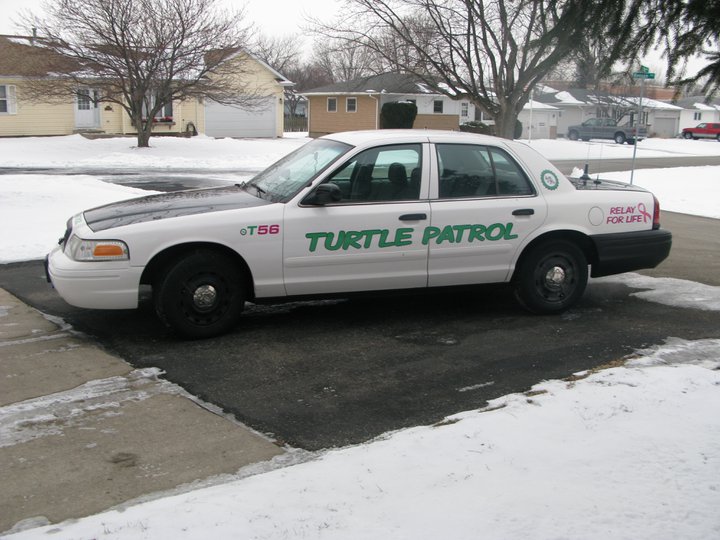 White 2003 Ford Crown Victoria with black hood and green "TURTLE PATROL" text on the side